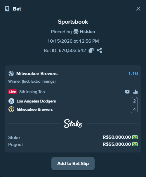 Bet slip: Los Angeles Dodgers - Milwaukee Brewers, $10,000.00 stake at 1.10 odds, placed by Hidden