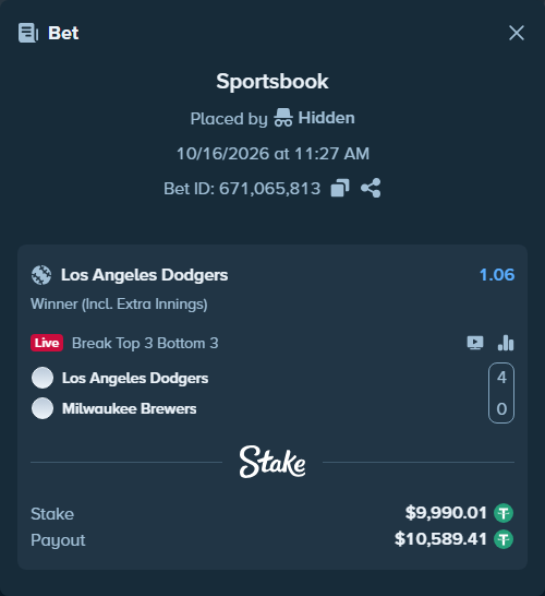 Bet slip: Los Angeles Dodgers - Milwaukee Brewers, $10,000.00 stake at 1.06 odds, placed by oscardv1981