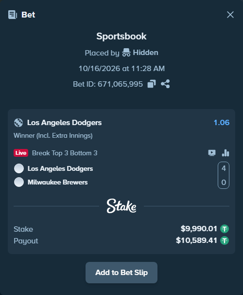 Bet slip: Los Angeles Dodgers - Milwaukee Brewers, $10,000.00 stake at 1.06 odds, placed by oscardv1981