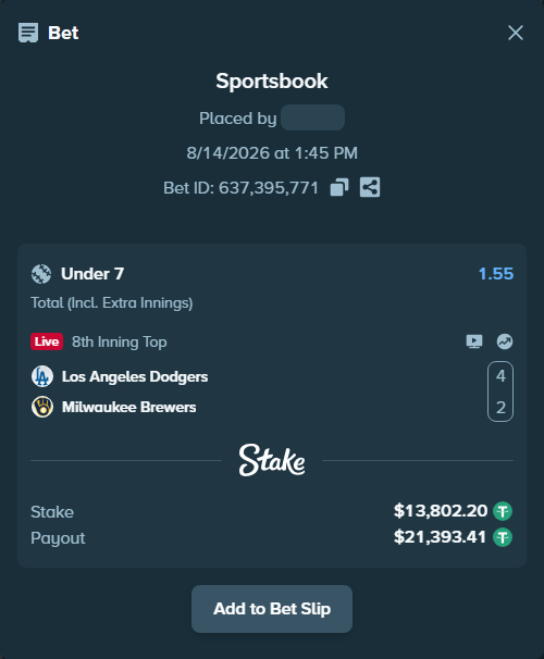 Bet slip: Los Angeles Dodgers - Milwaukee Brewers, $13,816.00 stake at 1.55 odds, placed by Rovangood