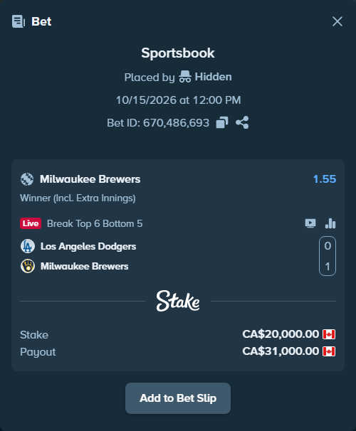 Bet slip: Los Angeles Dodgers - Milwaukee Brewers, $14,800.00 stake at 1.55 odds, placed by Hidden