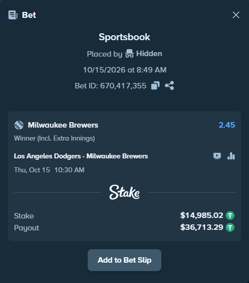 Bet slip: Los Angeles Dodgers - Milwaukee Brewers, $15,000.00 stake at 2.45 odds, placed by oscardv1981