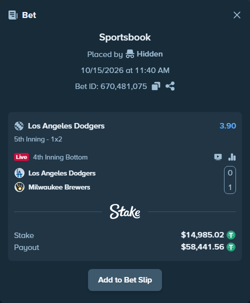 Bet slip: Los Angeles Dodgers - Milwaukee Brewers, $15,000.00 stake at 3.90 odds, placed by Hidden