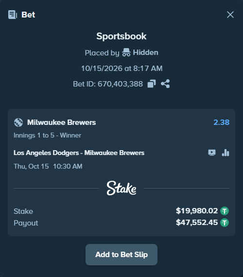 Bet slip: Los Angeles Dodgers - Milwaukee Brewers, $20,000.00 stake at 2.38 odds, placed by oscardv1981