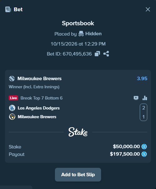 Bet slip: Los Angeles Dodgers - Milwaukee Brewers, $50,000.00 stake at 3.95 odds, placed by Hidden