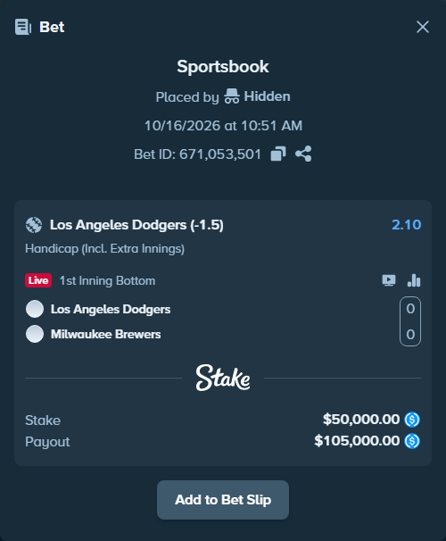 Bet slip: Los Angeles Dodgers - Milwaukee Brewers, $50,000.00 stake at 2.10 odds, placed by Hidden