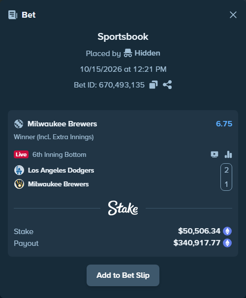 Bet slip: Los Angeles Dodgers - Milwaukee Brewers, $49,624.07 stake at 6.75 odds, placed by Hidden