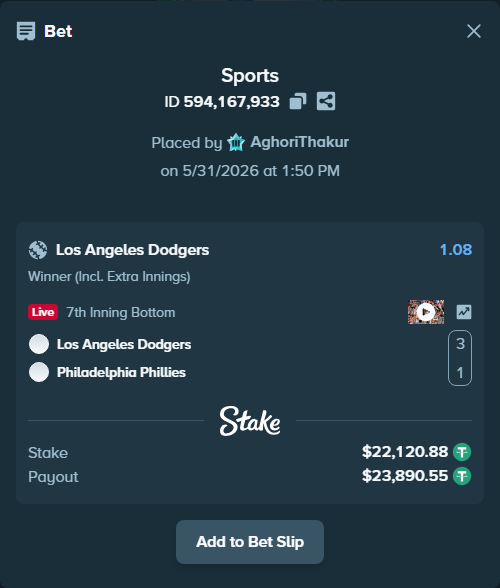 Bet slip: Los Angeles Dodgers - Philadelphia Phillies, $22,143.00 stake at 1.08 odds, placed by AghoriThakur