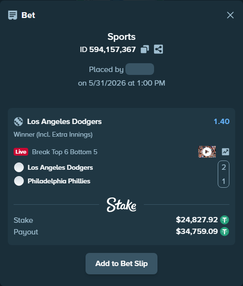 Bet slip: Los Angeles Dodgers - Philadelphia Phillies, $24,852.75 stake at 1.40 odds, placed by TheEarlinGrey