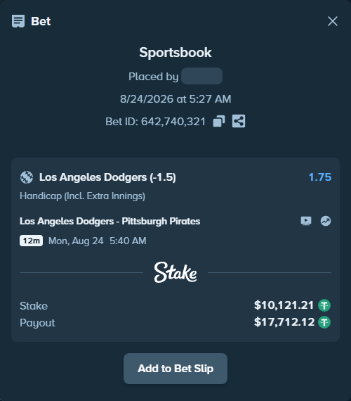 Bet slip: Los Angeles Dodgers - Pittsburgh Pirates, $10,120.20 stake at 1.75 odds, placed by Davidbushel1