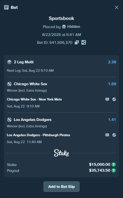 Bet slip: Los Angeles Dodgers - Pittsburgh Pirates, $15,000.00 stake at 1.41 odds, placed by Hidden