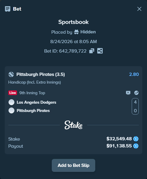 Bet slip: Los Angeles Dodgers - Pittsburgh Pirates, $32,549.48 stake at 2.80 odds, placed by Hidden