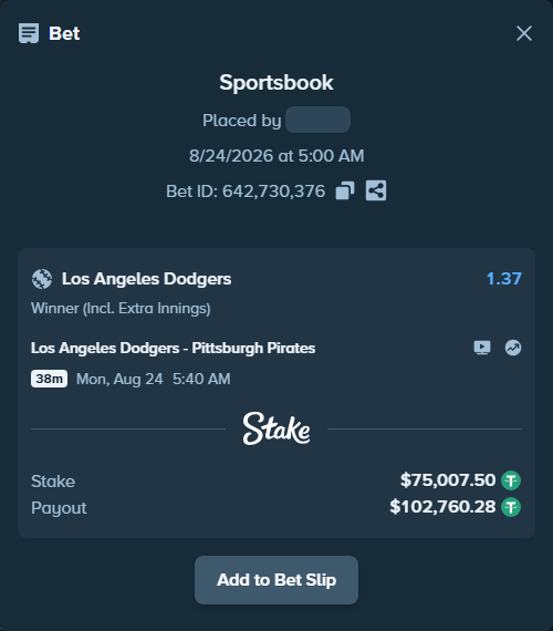 Bet slip: Los Angeles Dodgers - Pittsburgh Pirates, $75,000.00 stake at 1.37 odds, placed by GoodVibes1