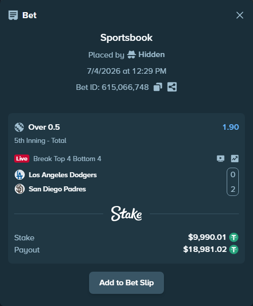 Bet slip: Los Angeles Dodgers - San Diego Padres, $10,000.00 stake at 1.90 odds, placed by Hidden