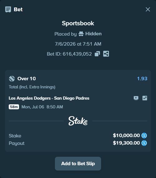 Bet slip: Los Angeles Dodgers - San Diego Padres, $10,000.00 stake at 1.93 odds, placed by Hidden
