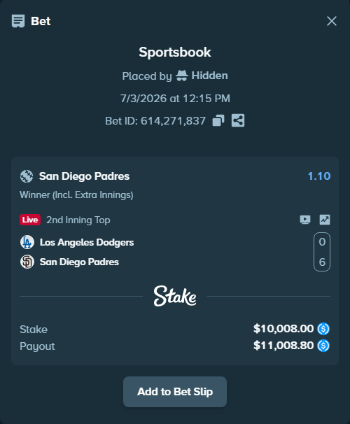 Bet slip: Los Angeles Dodgers - San Diego Padres, $10,008.00 stake at 1.10 odds, placed by Hidden