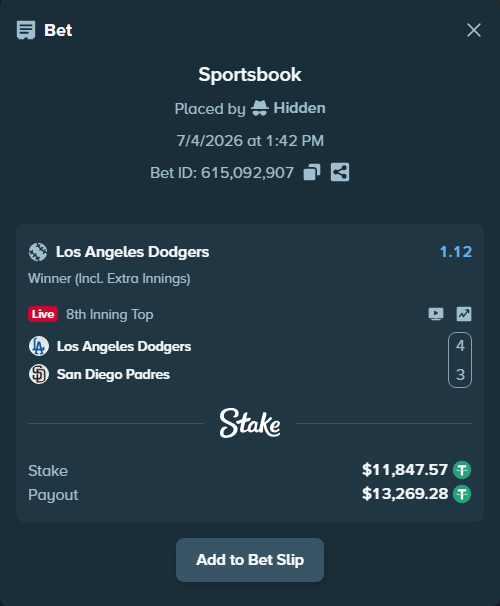 Bet slip: Los Angeles Dodgers - San Diego Padres, $11,859.42 stake at 1.12 odds, placed by Hidden