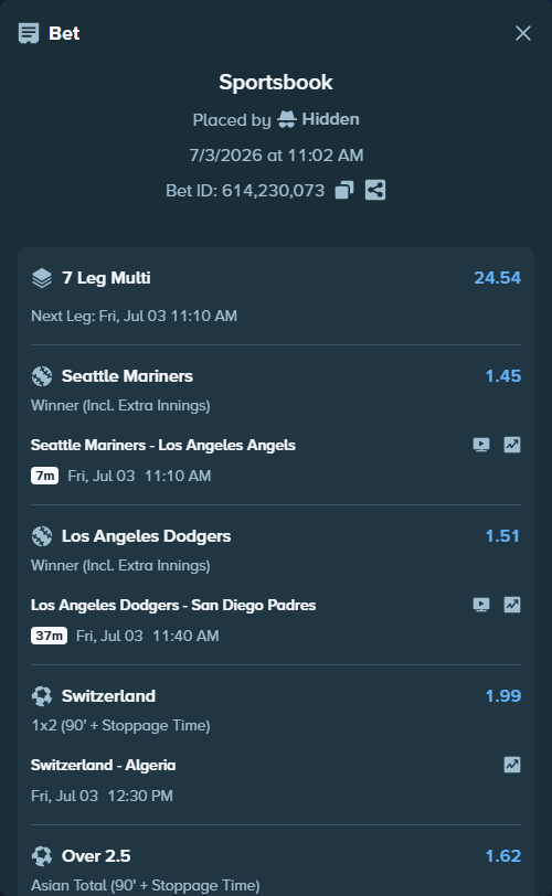 Bet slip: Los Angeles Dodgers - San Diego Padres, $15,000.00 stake at 1.51 odds, placed by Hidden