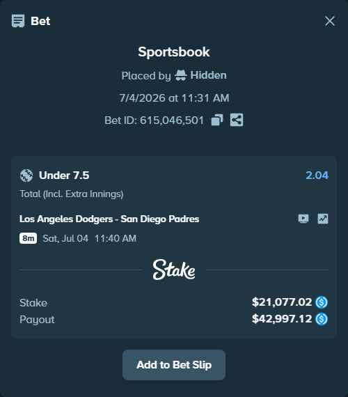Bet slip: Los Angeles Dodgers - San Diego Padres, $21,077.02 stake at 2.04 odds, placed by Hidden