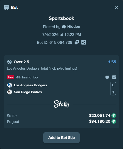Bet slip: Los Angeles Dodgers - San Diego Padres, $22,073.79 stake at 1.55 odds, placed by Hidden