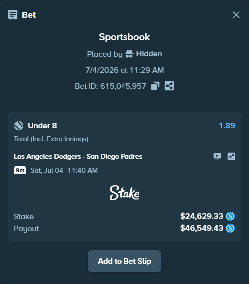 Bet slip: Los Angeles Dodgers - San Diego Padres, $24,629.33 stake at 1.89 odds, placed by Hidden