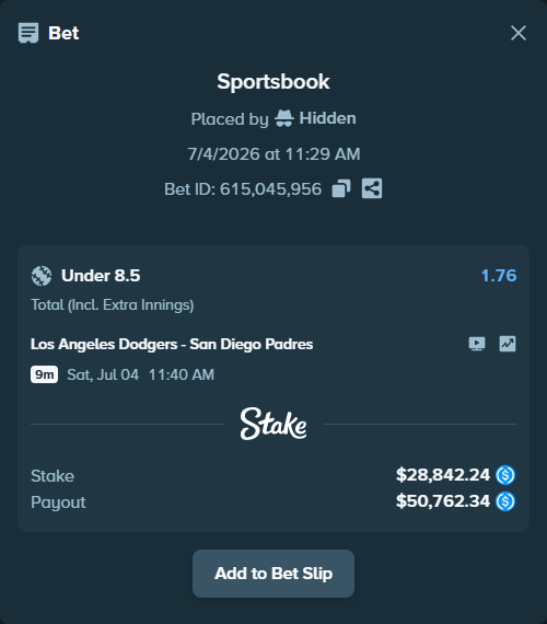 Bet slip: Los Angeles Dodgers - San Diego Padres, $28,842.24 stake at 1.76 odds, placed by Hidden
