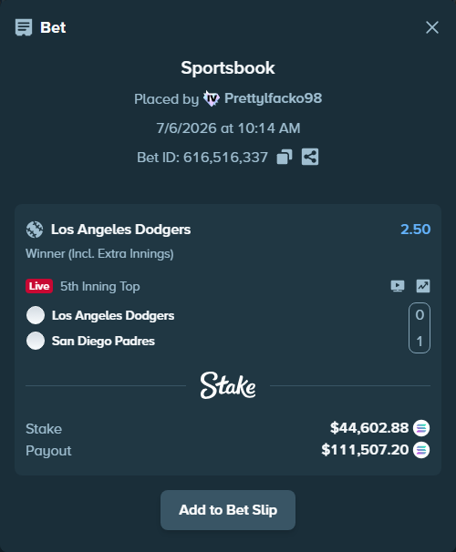 Bet slip: Los Angeles Dodgers - San Diego Padres, $44,320.24 stake at 2.50 odds, placed by Prettylfacko98