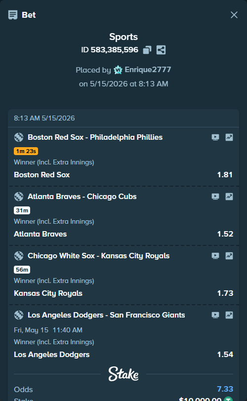 Bet slip: Los Angeles Dodgers - San Francisco Giants, $10,000.00 stake at 1.54 odds, placed by Enrique2777