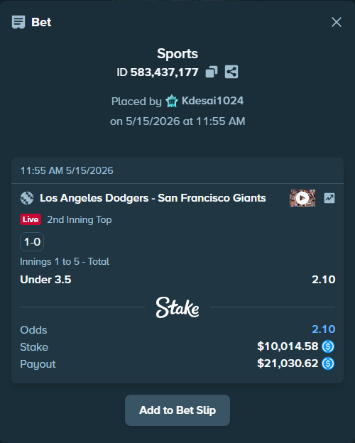 Bet slip: Los Angeles Dodgers - San Francisco Giants, $10,014.58 stake at 2.10 odds, placed by Kdesai1024