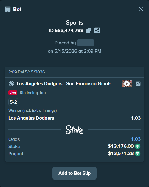 Bet slip: Los Angeles Dodgers - San Francisco Giants, $13,176.00 stake at 1.03 odds, placed by AghoriThakur