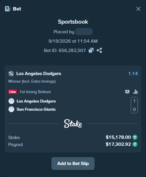 Bet slip: Los Angeles Dodgers - San Francisco Giants, $15,178.00 stake at 1.14 odds, placed by zza121611