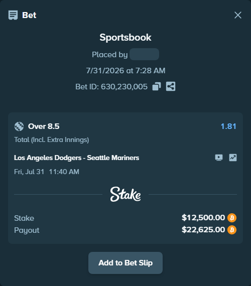 Bet slip: Los Angeles Dodgers - Seattle Mariners, $12,430.61 stake at 1.81 odds, placed by Dzokoichoi