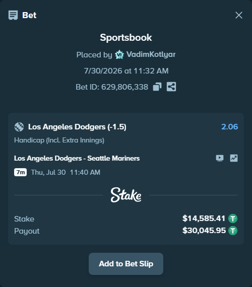 Bet slip: Los Angeles Dodgers - Seattle Mariners, $14,600.00 stake at 2.06 odds, placed by VadimKotlyar