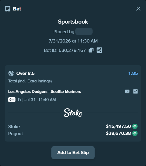 Bet slip: Los Angeles Dodgers - Seattle Mariners, $15,513.00 stake at 1.85 odds, placed by Pepi1968