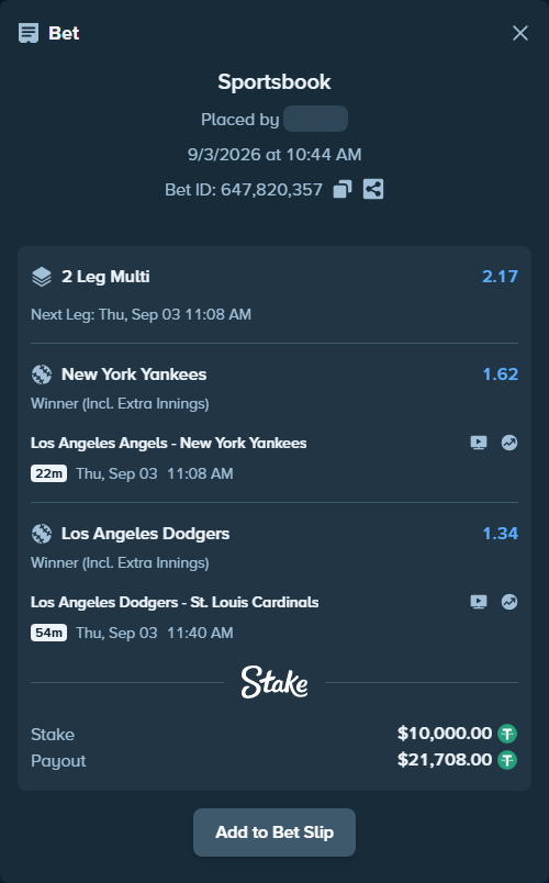 Bet slip: Los Angeles Dodgers - St. Louis Cardinals, $10,000.00 stake at 1.34 odds, placed by Pepi1968
