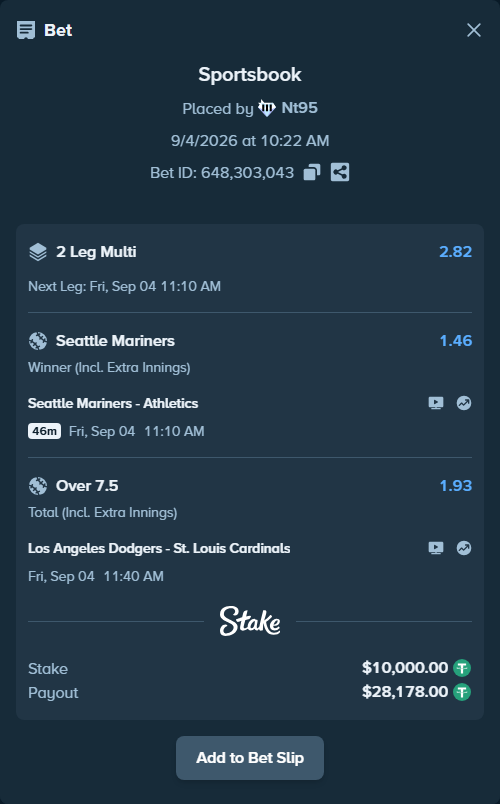 Bet slip: Los Angeles Dodgers - St. Louis Cardinals, $10,000.00 stake at 1.93 odds, placed by Nt95