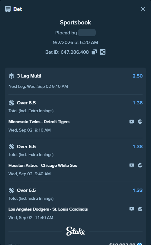 Bet slip: Los Angeles Dodgers - St. Louis Cardinals, $10,002.00 stake at 1.33 odds, placed by LATERAL007
