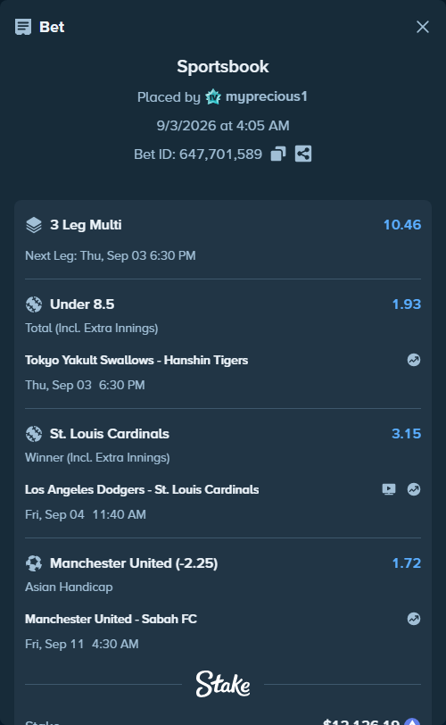Bet slip: Los Angeles Dodgers - St. Louis Cardinals, $12,675.45 stake at 3.15 odds, placed by myprecious1