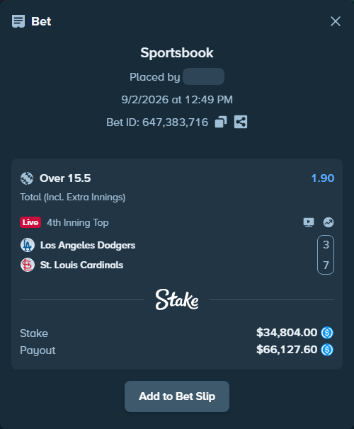 Bet slip: Los Angeles Dodgers - St. Louis Cardinals, $34,804.00 stake at 1.90 odds, placed by privetmedvet15