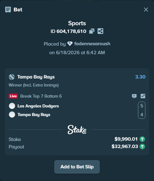 Bet slip: Los Angeles Dodgers - Tampa Bay Rays, $10,000.00 stake at 3.30 odds, placed by fadennesaroush