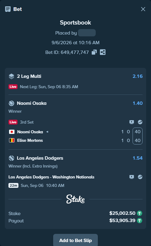Bet slip: Los Angeles Dodgers - Washington Nationals, $25,000.00 stake at 1.54 odds, placed by Nt95