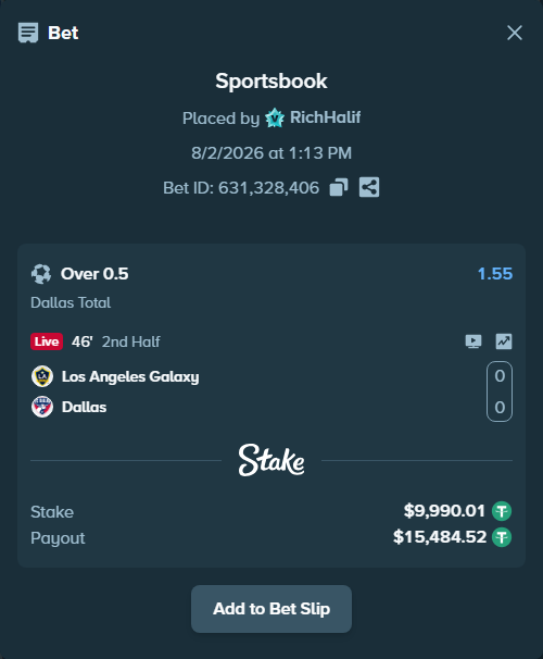 Bet slip: Los Angeles Galaxy - Dallas, $10,000.00 stake at 1.55 odds, placed by RichHalif