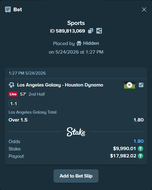 Bet slip: Los Angeles Galaxy - Houston Dynamo, $10,000.00 stake at 1.80 odds, placed by Hidden