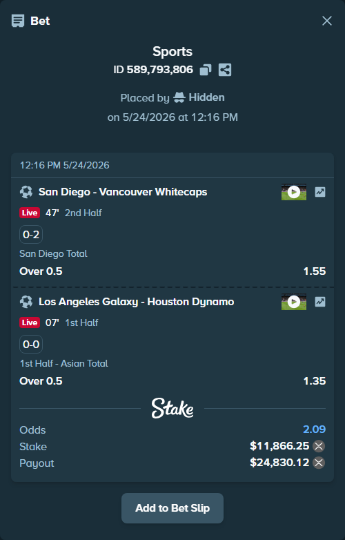 Bet slip: Los Angeles Galaxy - Houston Dynamo, $10,046.32 stake at 1.35 odds, placed by Hidden