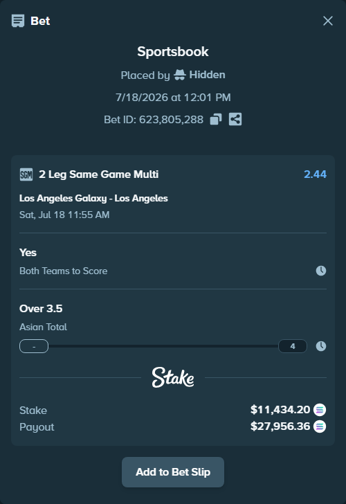 Bet slip: Los Angeles Galaxy - Los Angeles, $11,042.97 stake at 1.45 odds, placed by Hidden
