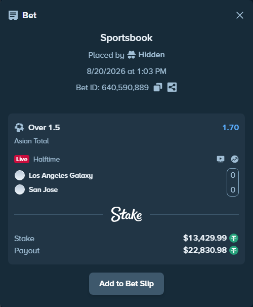 Bet slip: Los Angeles Galaxy - San Jose, $13,443.42 stake at 1.70 odds, placed by Hidden