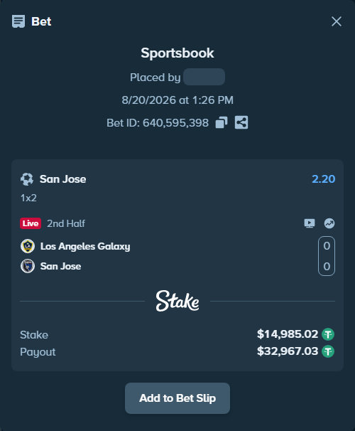 Bet slip: Los Angeles Galaxy - San Jose, $15,000.00 stake at 2.20 odds, placed by ArdianHertica