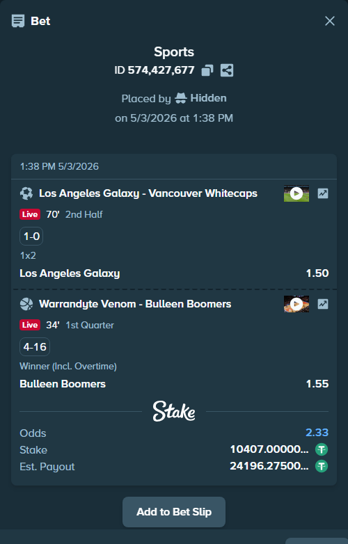 Bet slip: Los Angeles Galaxy - Vancouver Whitecaps, $10,407.00 stake at 1.50 odds, placed by Hidden