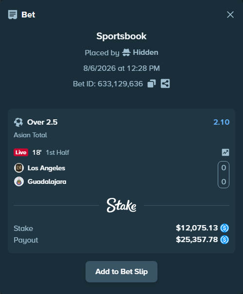Bet slip: Los Angeles - Guadalajara, $12,075.13 stake at 2.10 odds, placed by Hidden