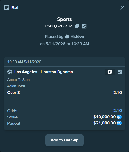 Bet slip: Los Angeles - Houston Dynamo, $10,000.00 stake at 2.10 odds, placed by Hidden